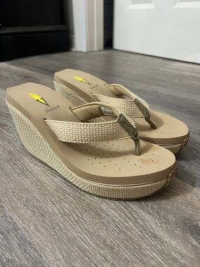 Volatile Tan Beige Wedge Flip Flop Sandals